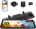 WOLFBOX G850 12' 4K Rear View Mirror Camera with 5.8GHz WiFi and Voice Control, Smart Mirror Dash Cam Front and Rear, Backup Camera with 1080P, Dash Cam with WDR, Includes 64GB Card & GPS