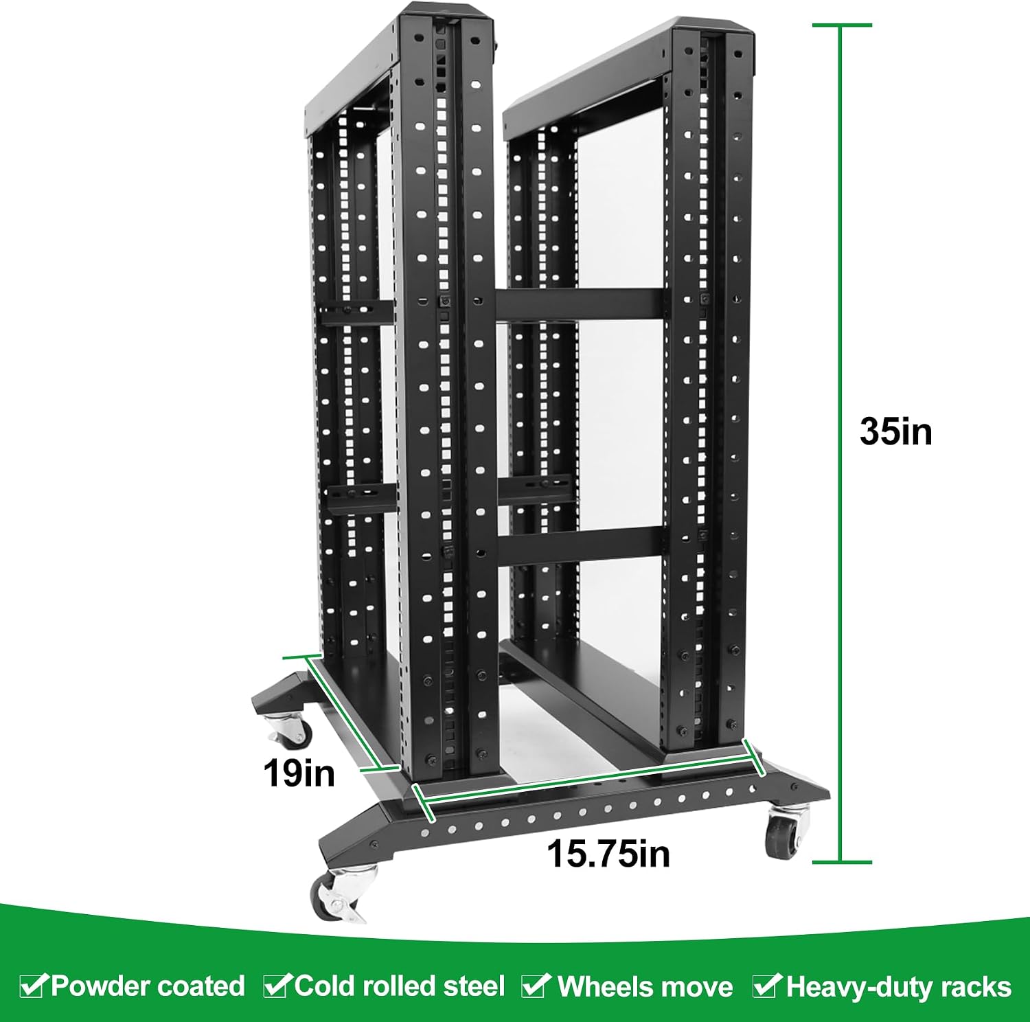 15U Server Rack/4-Post 19in Network Rack/Open Frame Rack with Wheels, Heavy-Duty Frame Cabinet/Adjustable Depth 15.75-13.75in GLOBALRACK(4POST-600-15U)