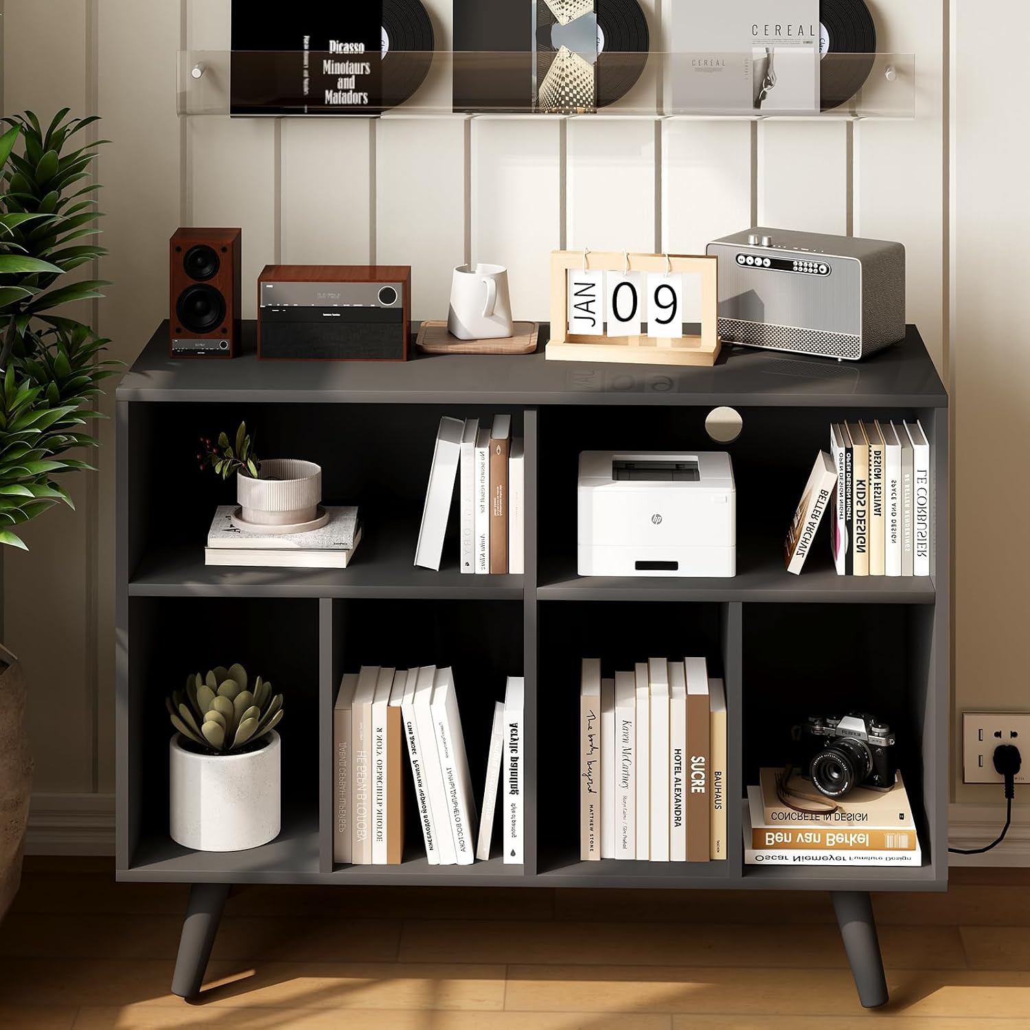 IDEALHOUSE Record Player Stand with Vinyl Storage, 39.5in Large Vinyl Record Holder Player Cabinet Wood Turntable Stand Up to 350 Albums with Charging Station for Living Room, Black