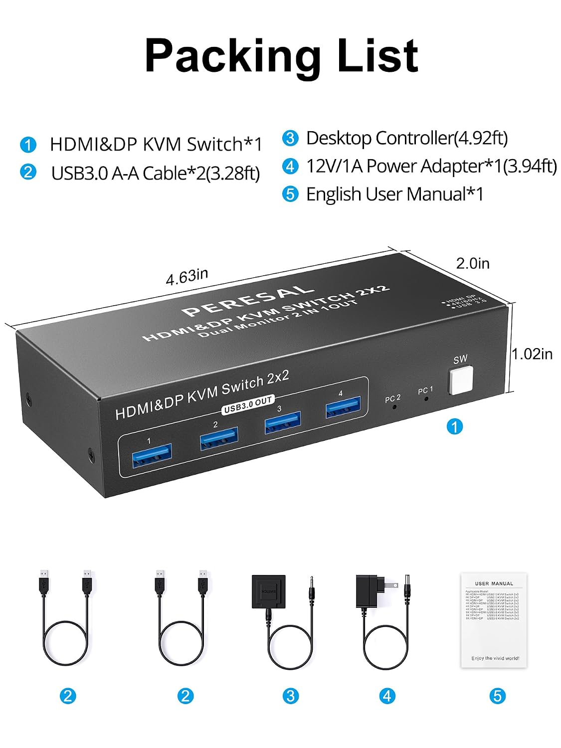 Dual Monitor HDMI DP KVM Switch, 2 Computers 4K60Hz Dual Monitor KVM Switches for Dual PC or Laptops,4 USB 3.0 Ports Support Extended/Copy Mode with DC 12V Adapter&Wired Controller