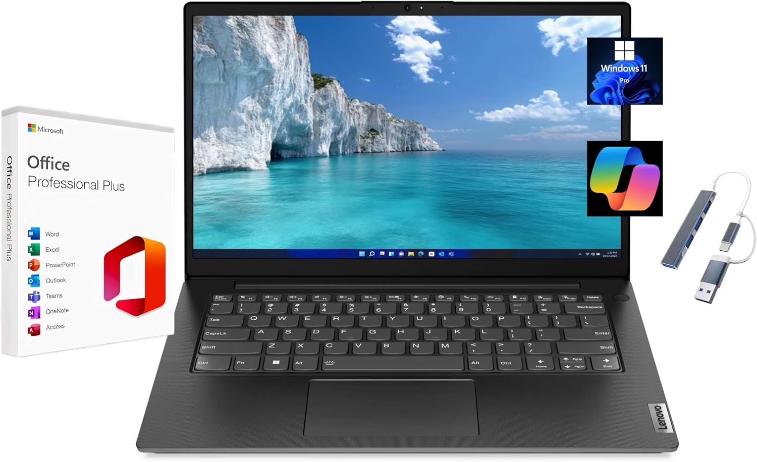 Lenovo V14 G4 14' FHD Laptop, with Free Lifetime Microsoft Office, Intel i7-13620H, 8GB RAM, 1TB SSD, Intel UHD Graphics, Windows 11 Pro, Business Black, Copilot, with USB Hub