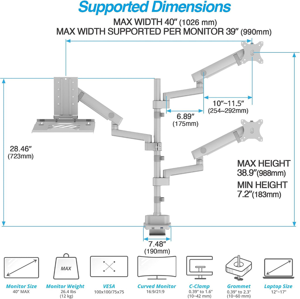 AVLT Laptop & Dual 40 Inch Stacking Monitor Arm Pole Top Mount with USB-C, A Ports - Gray, Supports 26.4 lbs (12kg), Ultrawide Screen Fit, VESA Compatible, Multi-Screens, Ergonomic Workspace Upgrade