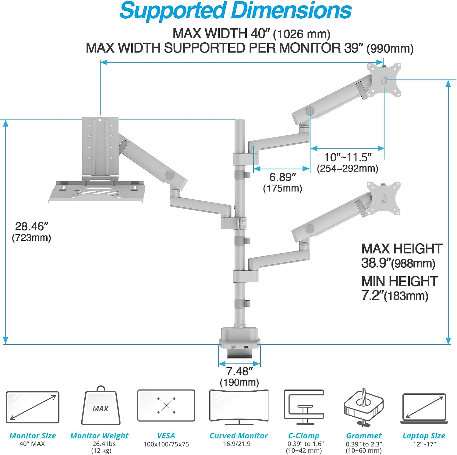 AVLT Laptop & Dual 40 Inch Stacking Monitor Arm Pole Top Mount with USB-C, A Ports - Gray, Supports 26.4 lbs (12kg), Ultrawide Screen Fit, VESA Compatible, Multi-Screens, Ergonomic Workspace Upgrade
