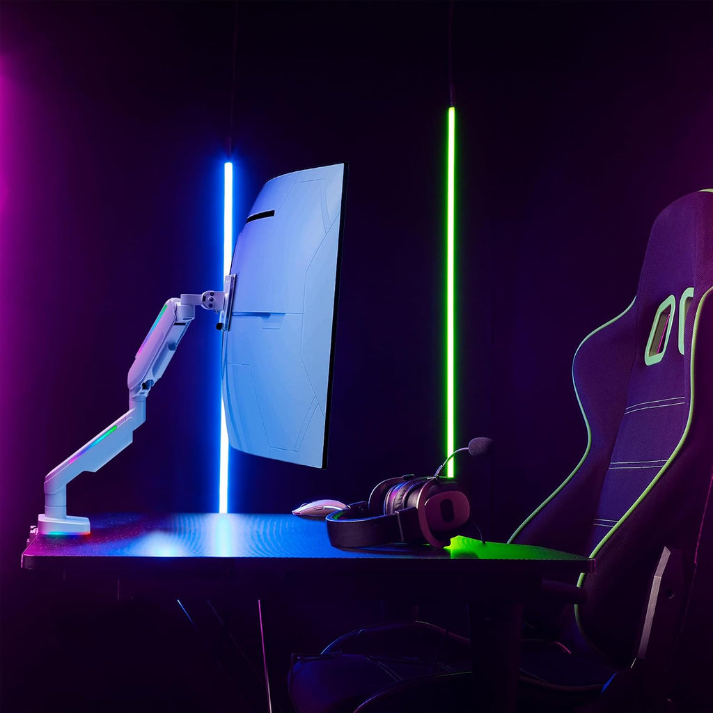 AVLT RGB Lights Single 17'-49' Gaming Monitor Arm Desk Mount, Fits One Flat/Curved/Ultrawide Screen up to 44lbs(20kg), Height Swivel Tilt Adjustable Stand - White