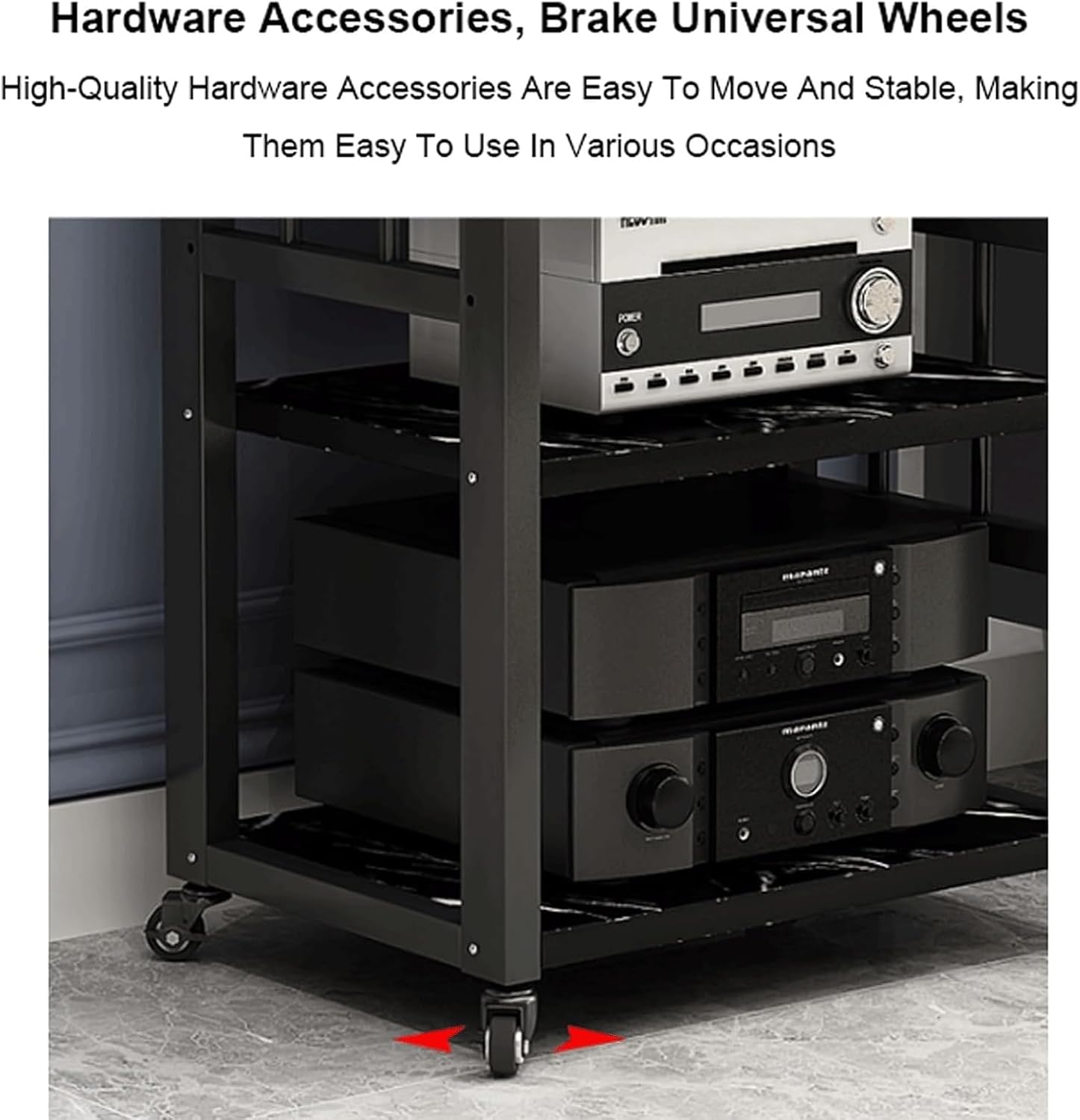 Audio Rack 4 Tier Stereo Rack Audio Equipment Rack Audio Stereo Shelf Wooden Open HiFi Rack Audio-Video Shelving with Wheels Movable(Brown)
