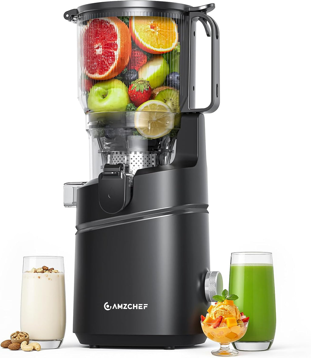 AMZCHEF Cold Press Juicer – 6.5' Wide Mouth Hopper for Whole Recipe Loading, Self Feeding for Hands-Free Operation, Zero Waste Masticating Juicer For More Juice, Less Pulp – Triple Strainers