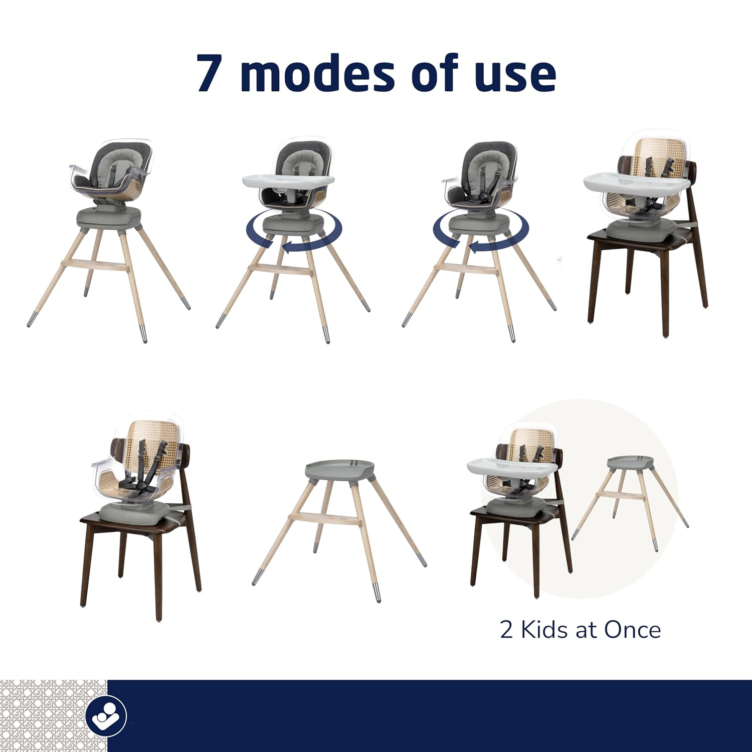 Maxi-Cosi Kiskadee 360 Rotating High Chair, 7 Modes, Infant to 5 Years up to 50 lbs, ClipQuik Magnetic Clip, 3-Position Tray, Washable Pad, Infant Recline, Booster Seat, Child Stool, Onyx Heritage