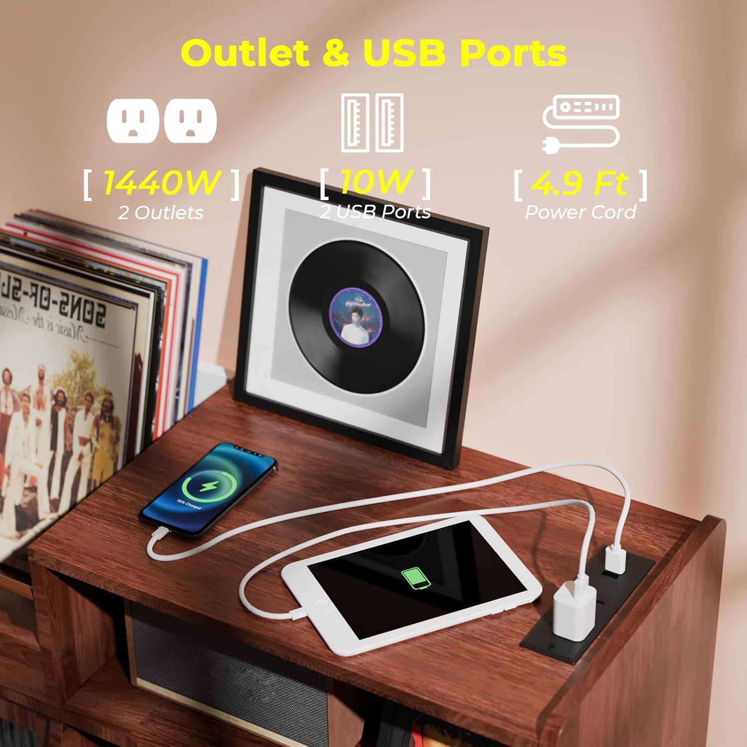Large Record Player Stand with Sliding Door,350 Vinyl Record Storage Cabinet, Record Player Table with Power Outlet and LED Light,Turntable Stand with Wood Legs for Living Room,Bedroom,Office