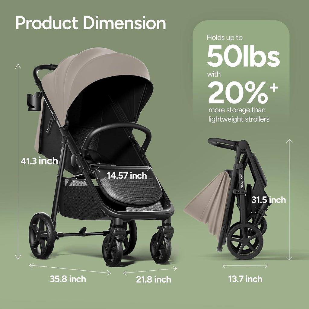 Mompush Nova Infant Baby Stroller for Newborn to Toddler, Oversized Seat up to 50 lbs, All-Terrain 10' Wheels & Suspension, One-Hand Fold; Lie-Flat Mode; UPF 50+ Canopy