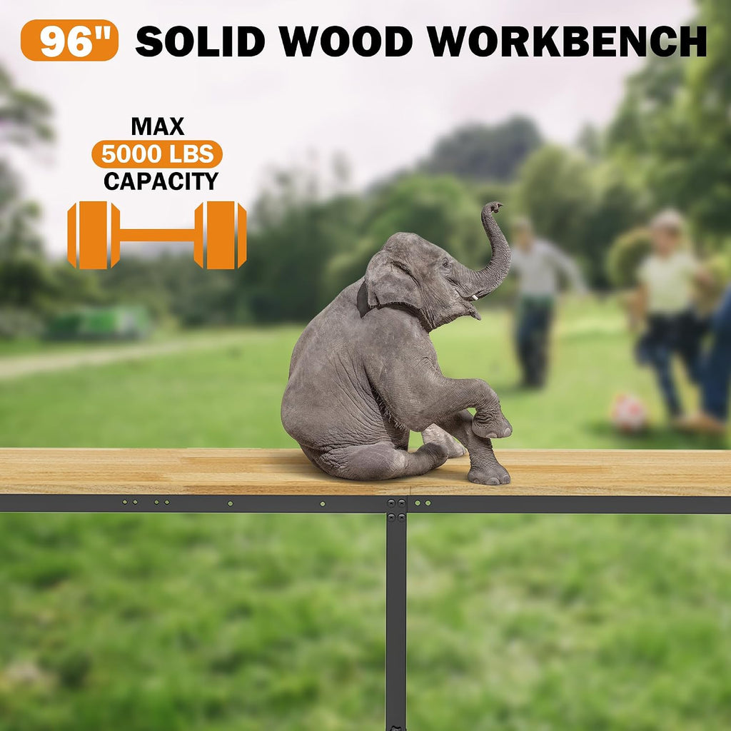 Betterhood 96' Adjustable Workbench, 5000 LBS Heavy Duty Work Table with Power Outlets & Pegboard, Rubber Wood Workstation for Garage, Workshop, Office, Home, Commercial