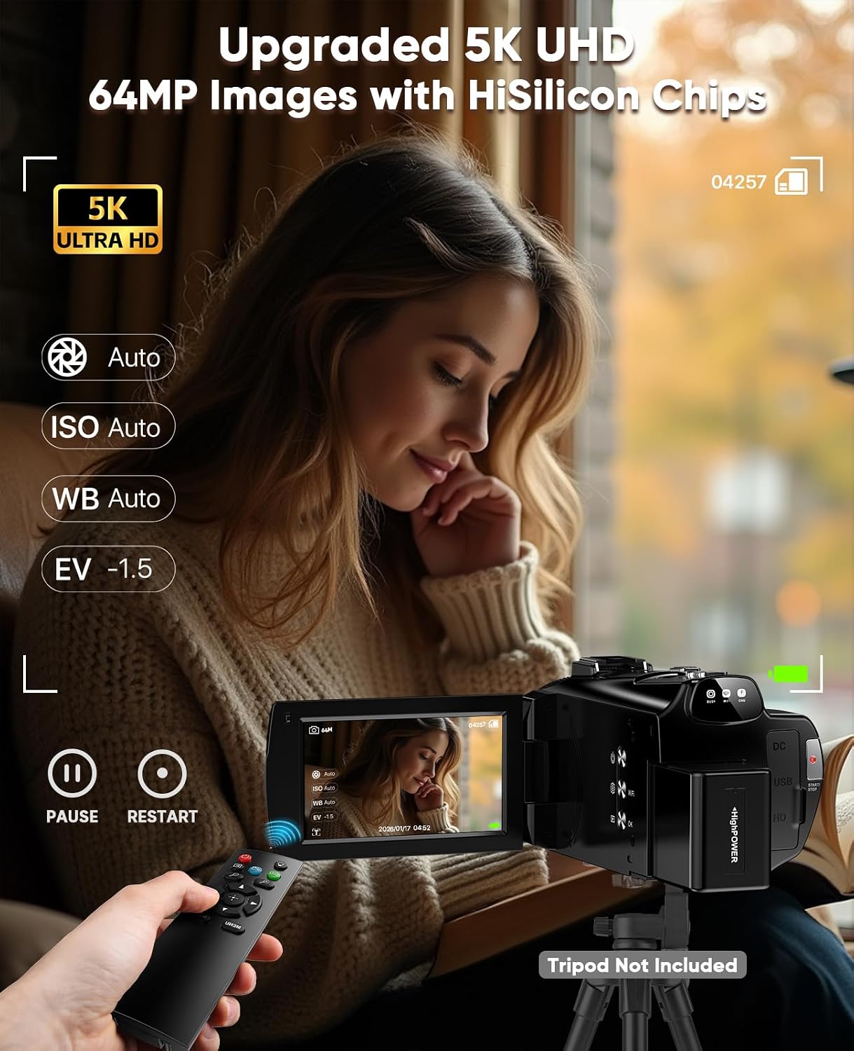 5K Video Camera Camcorder 8X Opitical Zoom Live Streaming Cameras 64MP WiFi Autofocus Vlogging Camera for Youtube with Full-color Night Vision, 3.6'' 270° IPS Touchscreen 32GB Card Video Recorder