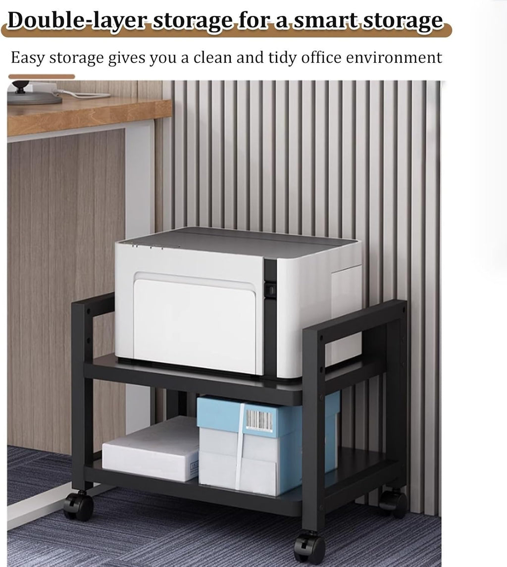 NKSTRWR Metal Printer Cabinet Table Rolling Under Desk With Wheels, 3D Black Rolling Printer Stand For Copier, Computer, Fax(Black,50cm/19.3in)