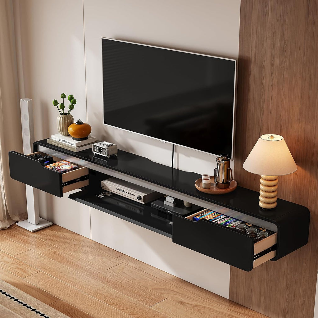 Fully-Assembled Floating TV Stand with Drawers, 47IN High Gloss Wall Mounted Entertainment Center, Modern Media Console with Storage, Under TV Shelf for Bedroom Living Room Black