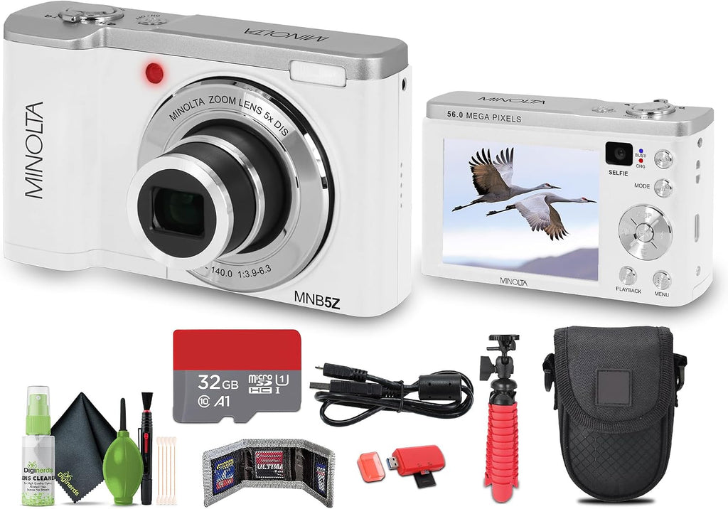 Minolta MNB5Z 56MP Dual Lens Point & Shoot Digital Camera with 5X Optical Zoom & 5K Ultra HD Video Bundle with 32GB Memory Card + Vlogger Tripod + Bag + 6Ave Cleaning Kit + More Accessories (White)