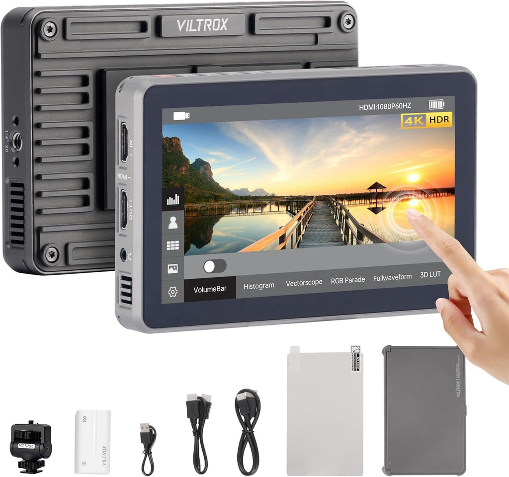 VILTROX DC-X2 6'' Touchscreen Full HD IPS Camera Monitor, 2000 nits 4K HDMI in/Out Video Field Monitor Kit with Sunshade Hood, 3D LUT, Waveform, Histogram & Vectorscope Tools, Black