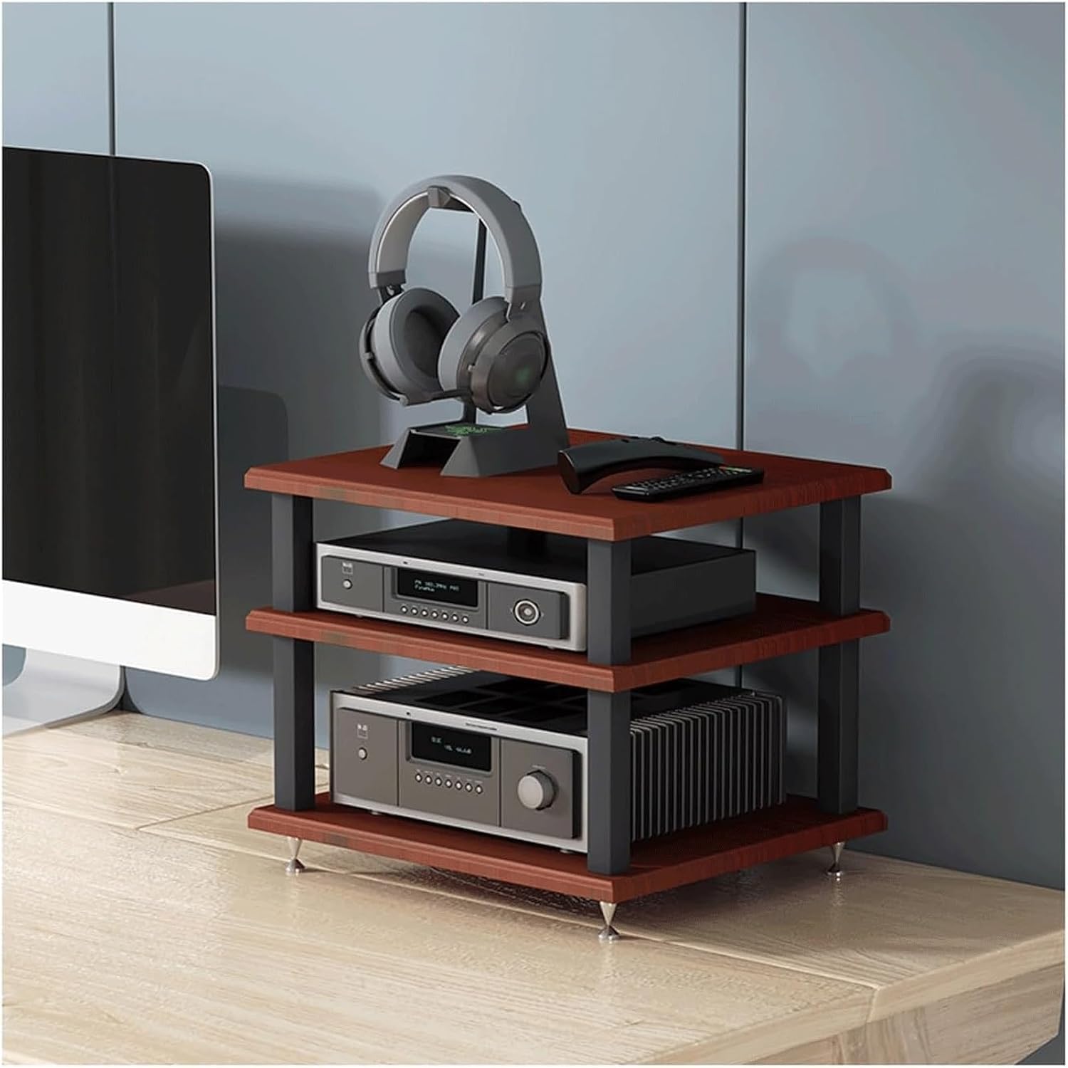 Audio Rack 2/3/4 Tier Stereo Rack Audio Equipment Rack Audio Stereo Shelf Wooden HiFi Rack Audio-Video Shelving HiFi Rack Shock Durable(Brown,3 Tier)