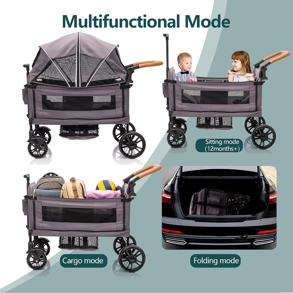 Luxury Wagon Stroller for 2 Kids & Cargo-Lightweight Foldable Travel Push Pull All-Terrain Double Wagon for Newborn&Toddler with 5-Point Harness,Adjustable Handle, Canopy,Tray Table,Cup Holder