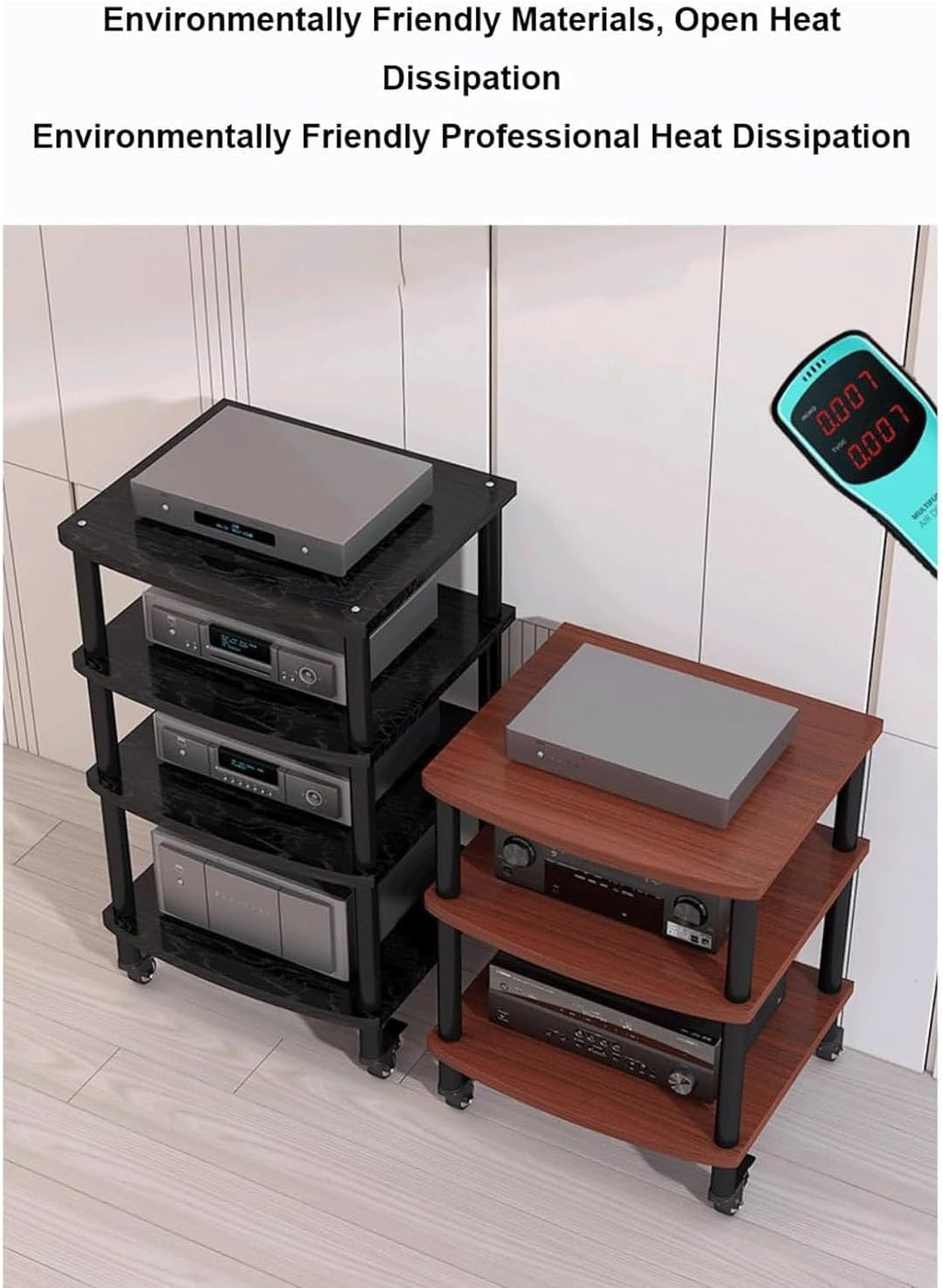 Audio Rack with Wheels Stereo Rack Audio Equipment Rack Audio Open Stereo Shelf Wooden Movable HiFi Rack Audio-Video Shelving Practical(Wei�,4 Tier)