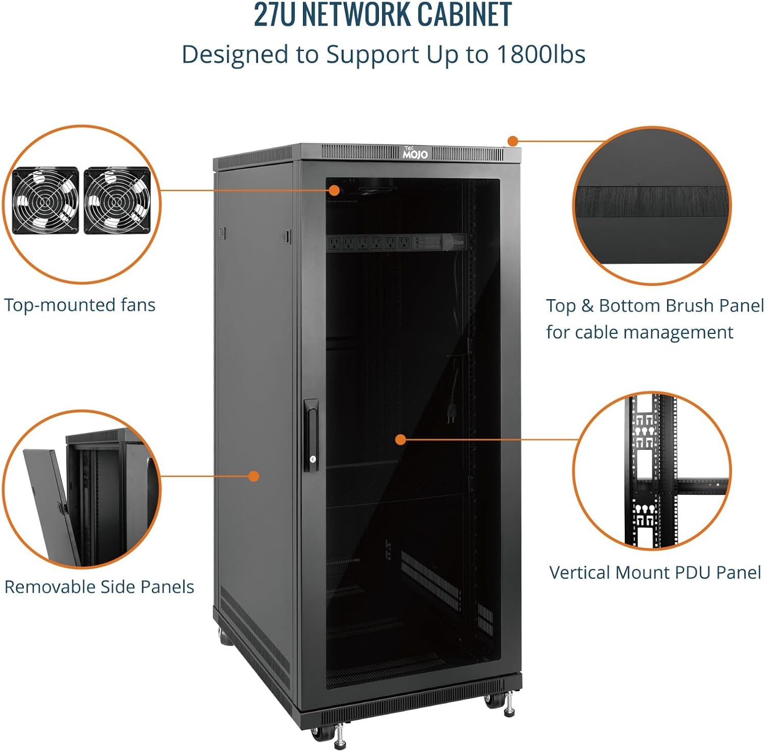 Tecmojo Network Rack Cabinet,27U Server Rack,31.5 Inch Depth,Hold Up to 1800Lbs,Lockable Cabinet with Casters and Complete Accessories,Clear Door,for Home,Office,Small Business (27U 23.6' w*31.5' d)