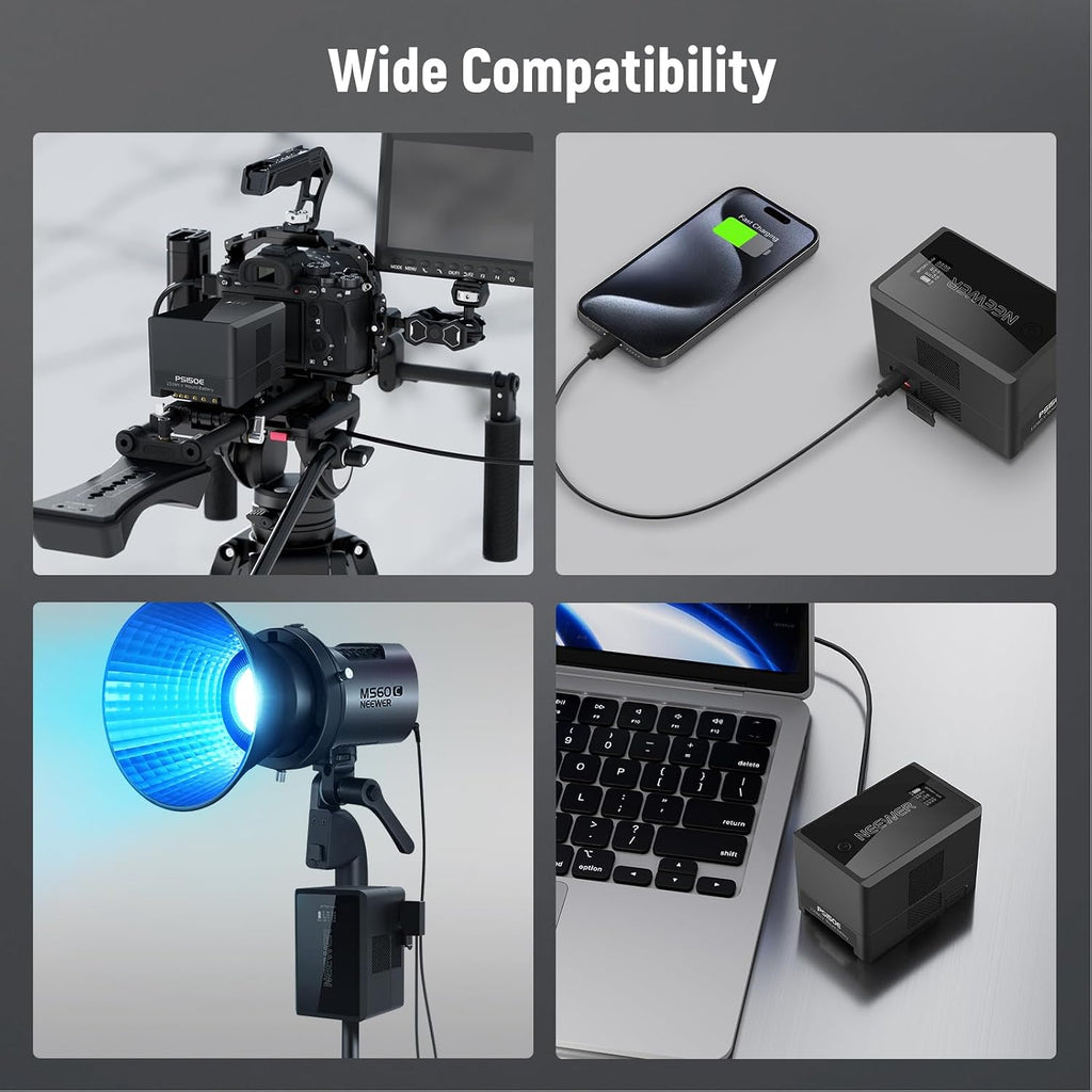 Neewer V Mount Battery PS150E Supports 100W PD USB C Fast Charging, 10350mAh 150Wh 14.54V, with D Tap/USB C/USB A/BP/Dual DC Ports/OLED Screen, V Lock Battery for Camera Camcorder Monitor Video Light