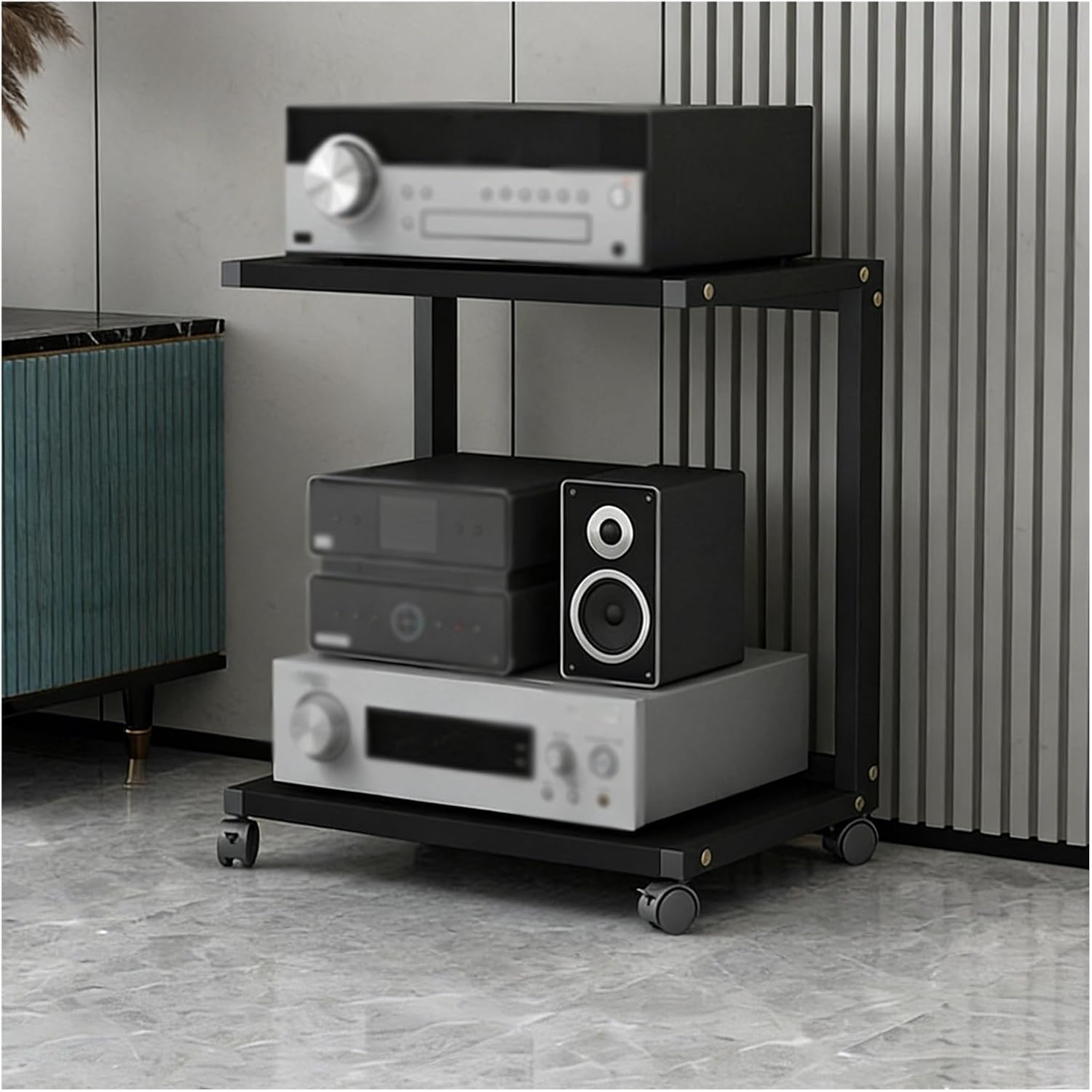 YLLFFLL Easy Assembly Av Storage Cabinet 2-Tiers HiFi Racks Media Black, Audio Component Rack Tower Media Stereo Stand Equipment Shelf for Living Room, on Wheels(H 60CM(23 3/5IN))