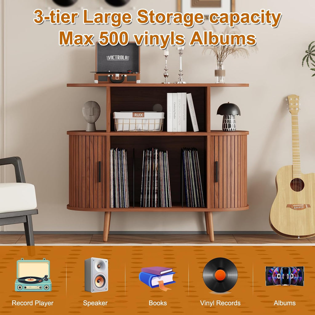 35.4' Record Player Stand with Storage - Vinyl Record Storage Cabinet & Media Console Holds 300+ Records, Mid Century Modern Turntable Stand for Living Room (Walnut, 35.4')