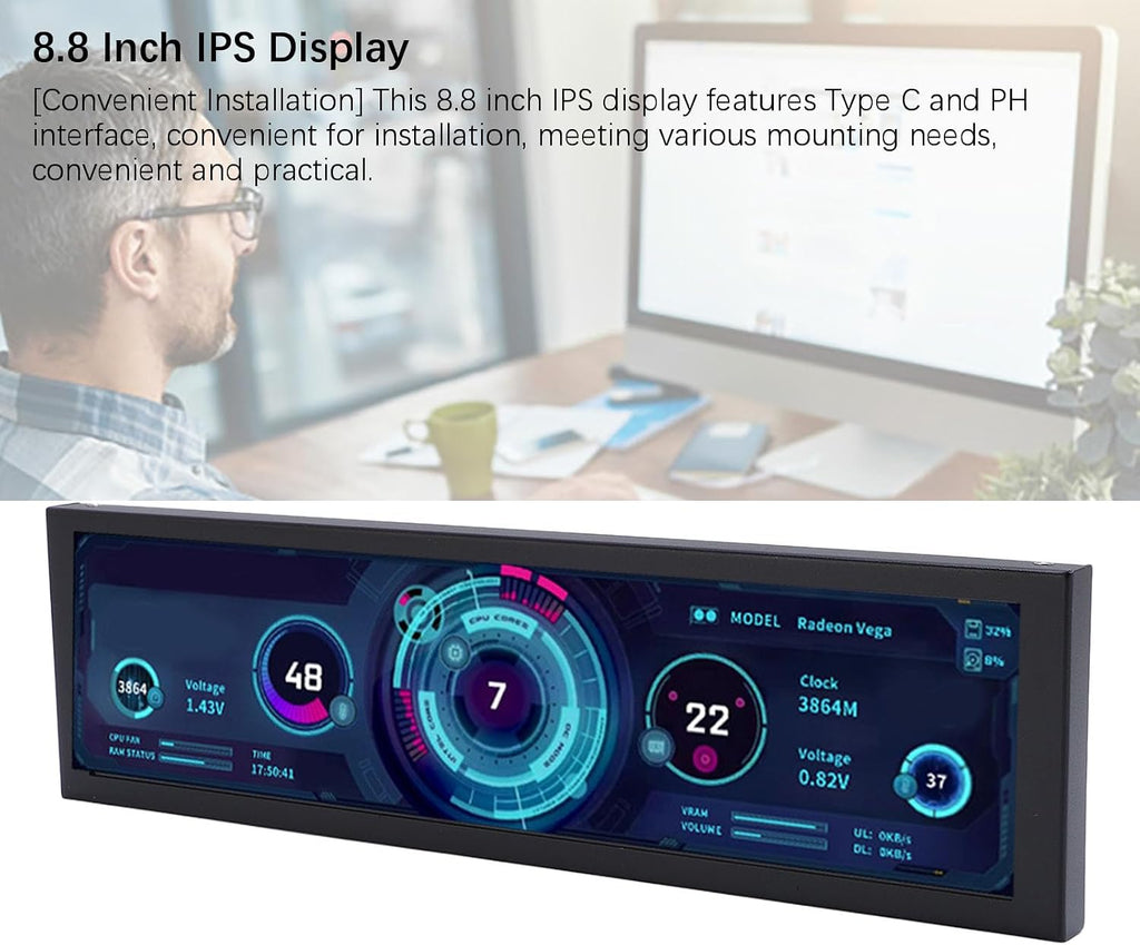 8.8 Inch Computer Secondary Screen,1920x480 LCD Display,PC Temperature Monitor,Computer Case Temperature Screen,Computer Secondary Display,CPU GPU Monitor