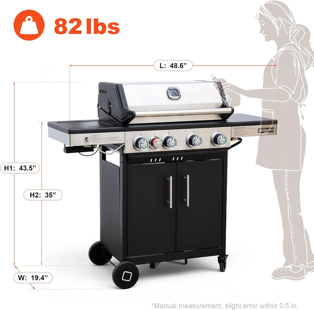 Brand-Man Propane Gas Grill, 4 Burner Compact Cabinet Style Gas BBQ Grill with Infrared Side Burner & Side Table for Outdoor Barbecue Grilling & Backyard Cooking
