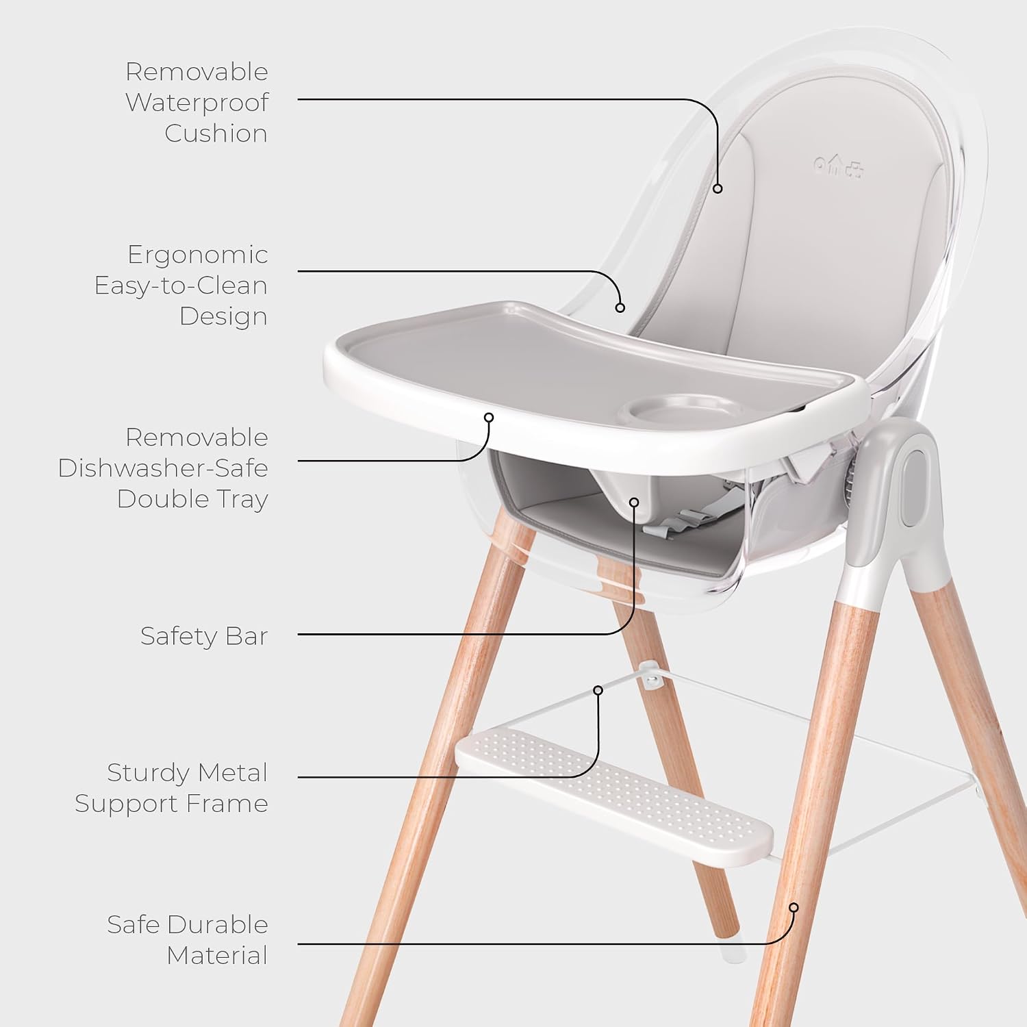 6 in 1 Deluxe Wooden High Chair for Babies & Toddlers, Modern Safe & Compact Baby Highchair, Easy to Clean & Assemble Removable Tray & Cushion, 6 Options 3 Seat Positions 2 Heights