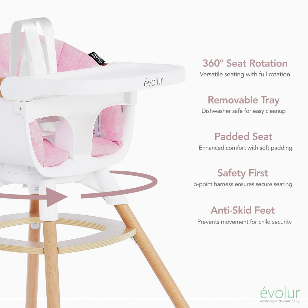 Evolur Ann Beechwood 4-in-1 Highchair | 360 Seat Rotation | Booster seat | Floor Chair | Bar Stool Chair | 5 Point Safety Harness | Pink