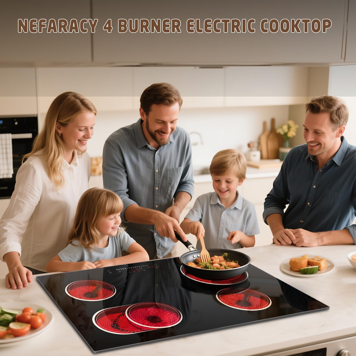 30 Inch Electric Cooktop 4 Burners with Slide Control, 6600W Built-in Radiant Electric Cooktop, 9 Power Levels, Hot Warning, 220V Hard Wire(No Plug)