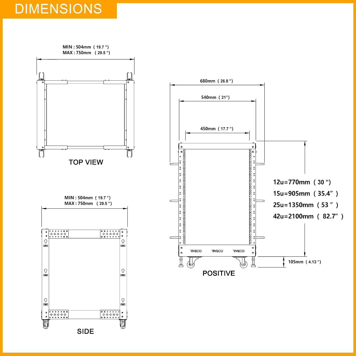 RIVECO 19' Adjustable Depth 42U Server Rack 4 Post Rack with Load-Bearing Casters Support Up to 1700LBS for Networking Equipment Black