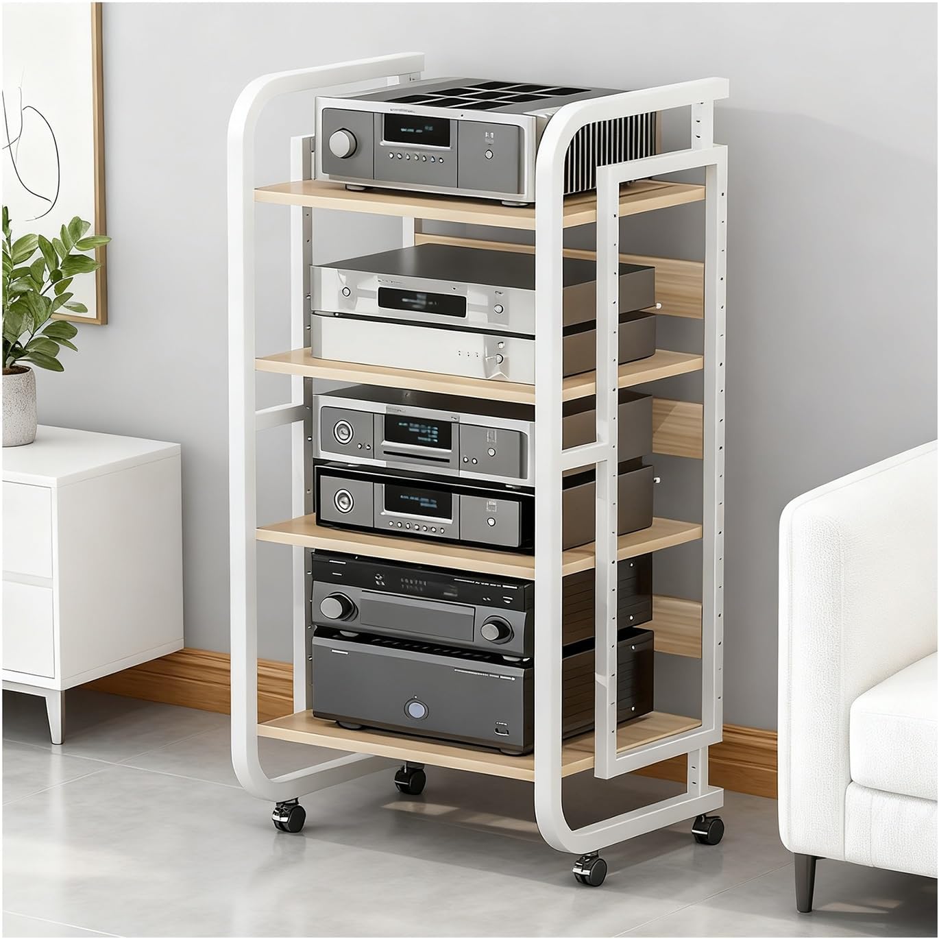 HiFi Rack Audio Cabinet for Media Component with Wheels and Adjustable Wooden Shelves Sturdy Storage Rack for Record Player, TV Box, Amplifier(White,50x42.5x90cm)