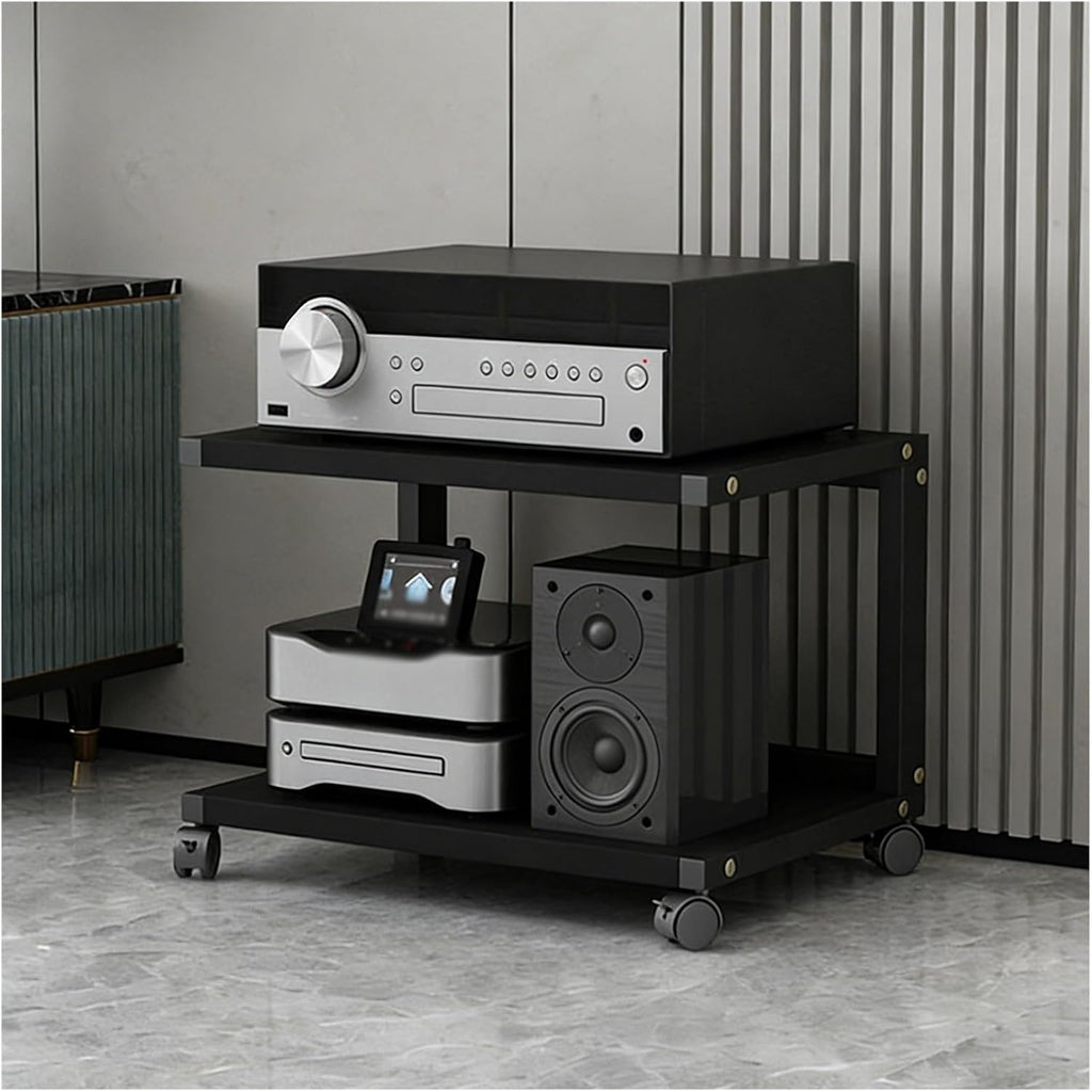 YLLFFLL Easy Assembly Av Storage Cabinet 2-Tiers HiFi Racks Media Black, Audio Component Rack Tower Media Stereo Stand Equipment Shelf for Living Room, on Wheels(H 40(15 7/10IN))