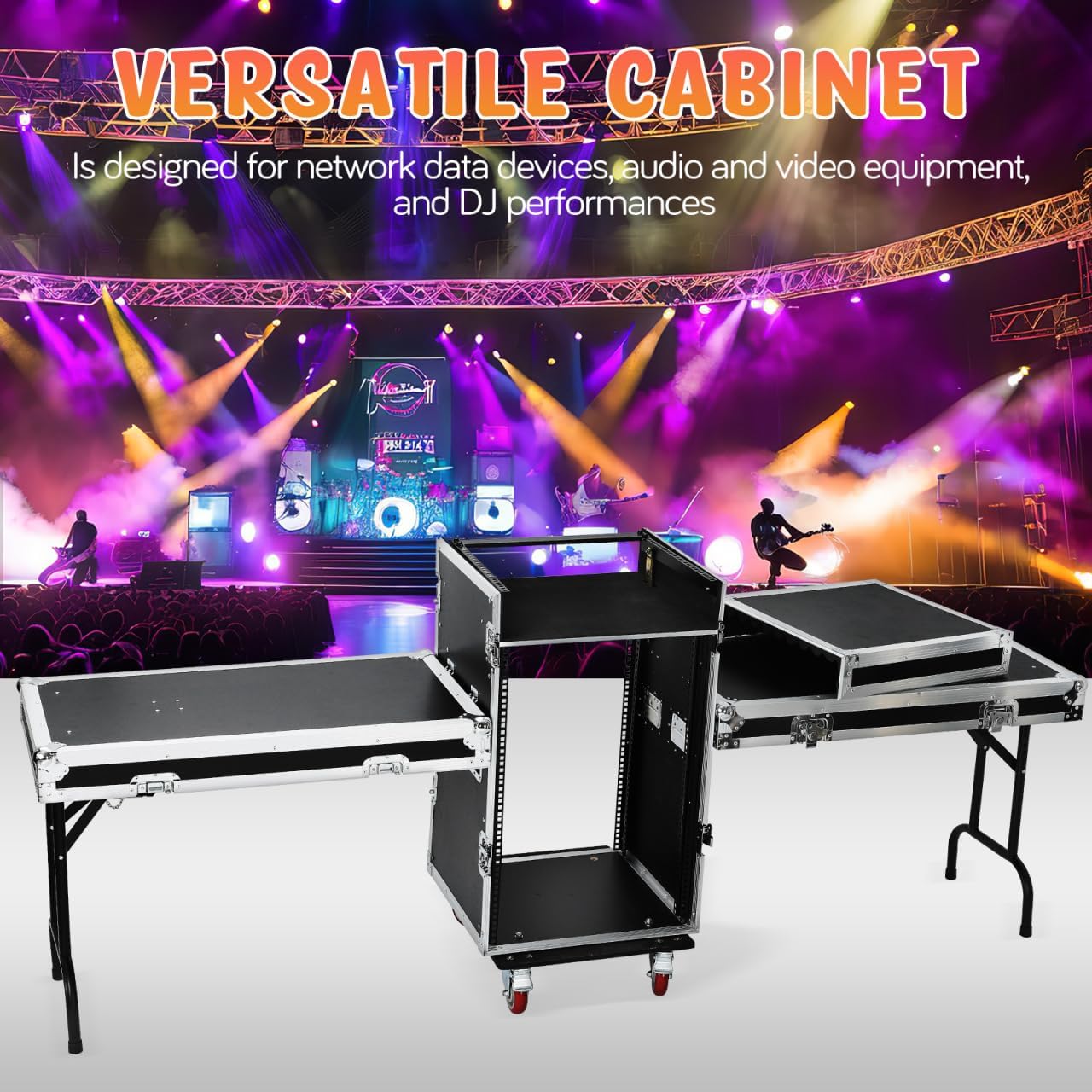 16u Dj Road Case, Recording Studio Rack Stand With Audio Mixer Stand & Wheels, Portable Media Storage Cabinet for Stage Performance Professional Audio Storage