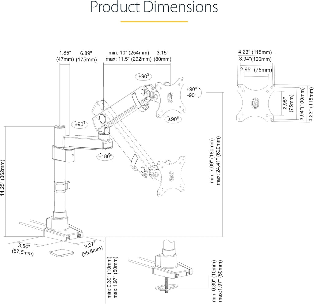 StarTech.com Desk Mount Monitor Arm w/ 2X USB 3.0 Ports for VESA Display up to 34' (17.6lb/8kg), C-Clamp/Grommet, Mechanical Spring