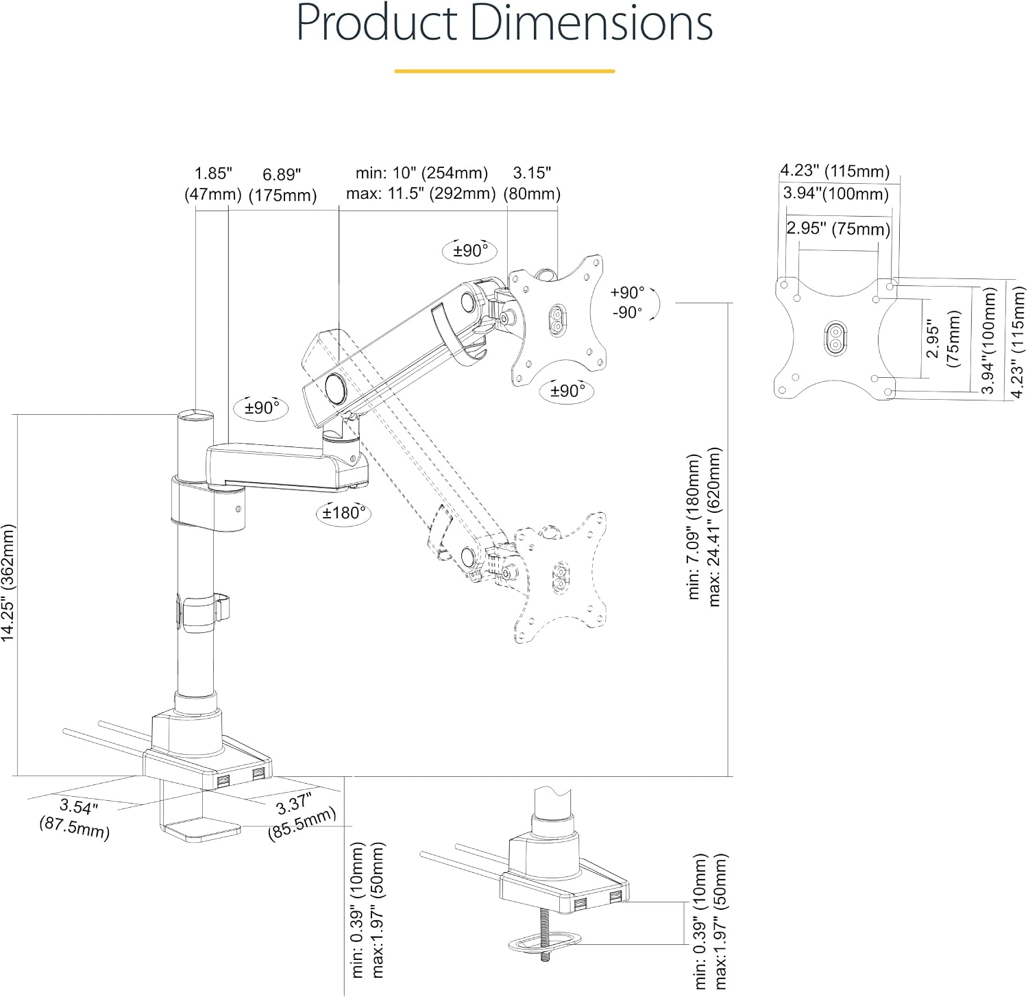 StarTech.com Desk Mount Monitor Arm w/ 2X USB 3.0 Ports for VESA Display up to 34' (17.6lb/8kg), C-Clamp/Grommet, Mechanical Spring