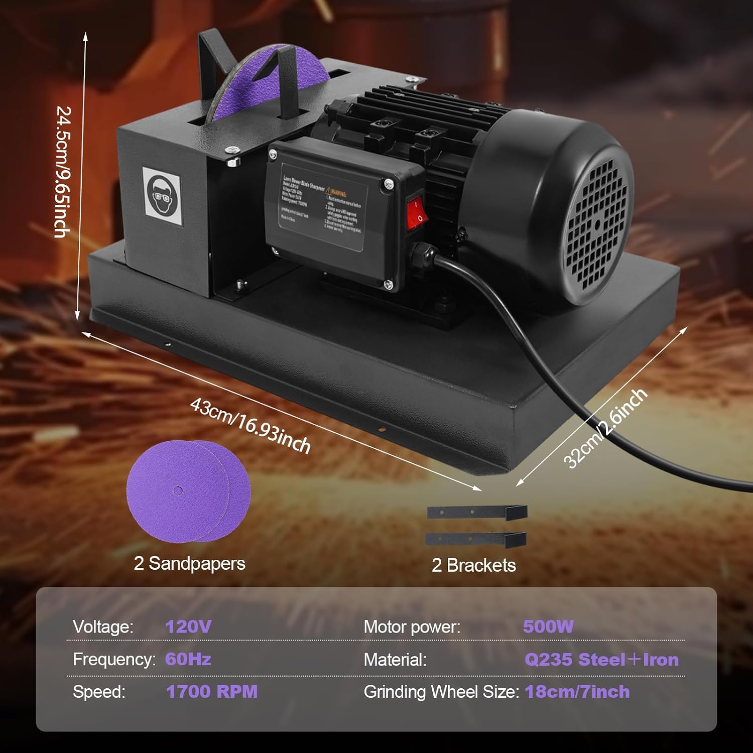 Lawn Mower Blade Sharpener, 2/3HP 500W Lawnmower Blade Bench Grinder with 7-inch Zirconium Corundum Sandpaper Wheel, Bench Mower Sharpening Machine for Various Lawn Mower Blades