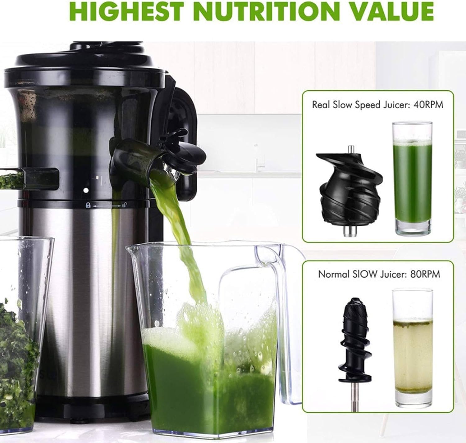 Masticating Slow Juicer, 200W Cold Press Extractor, 40RPM, Nutrient-Rich Juice for Fruits & Vegetables, Compact, Easy to Clean, Black