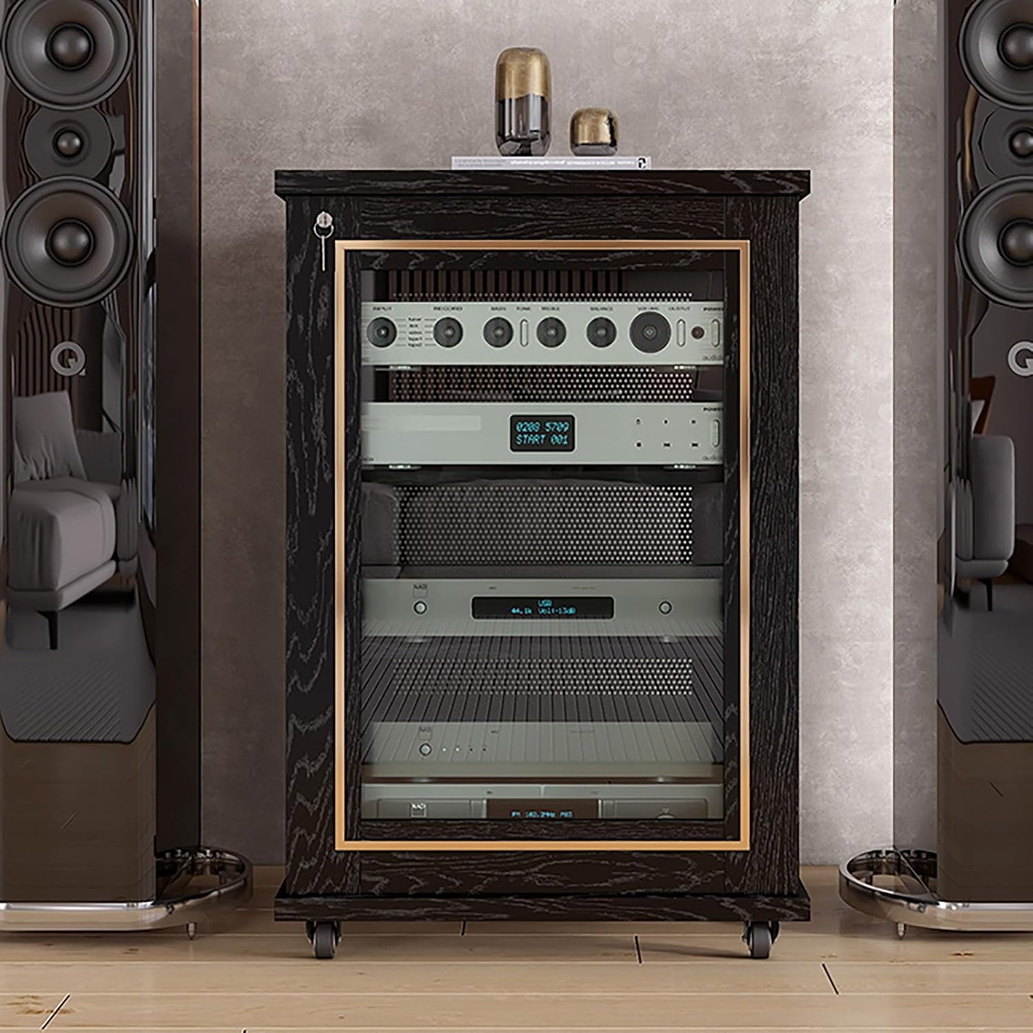 Stereo Cabinet, Stereo Racks And Stands With Storage Shelves, AV Component Media Stand, Wooden Storage Cabinet Entertainment Center Shelves Component, With Wheels Audio-Video Media Stand(Black+Gold,86