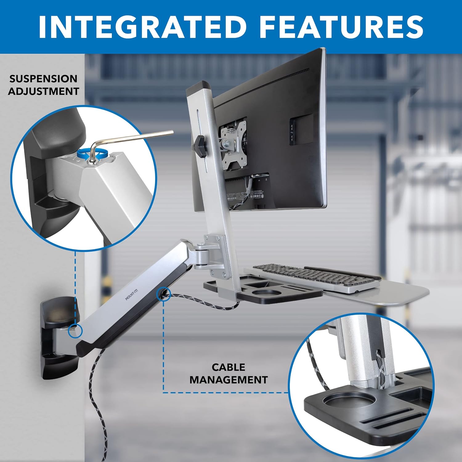 Mount-It! Wall Mounted Sit-Stand Single Monitor Workstation with Gas Spring Arm, Keyboard Tray & CPU Holder, 19.9' Height Adjustment, 41' Extension, VESA 75x75 100x100, MI-7905