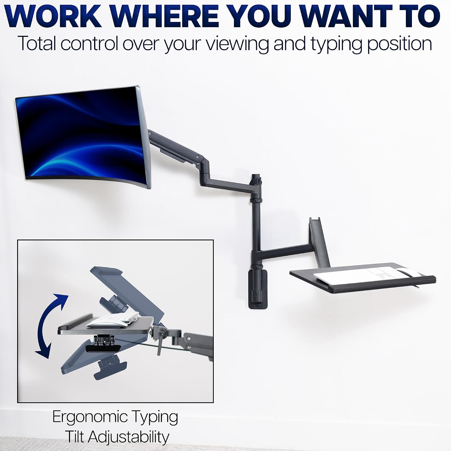 VIVO Sit-Stand Heavy Duty Ultrawide Monitor Wall Mount for Screens up to 49 inches with Height Adjustable Keyboard and Mouse Tray, Pneumatic Arm Computer Workstation, MOUNT-V120KB35C