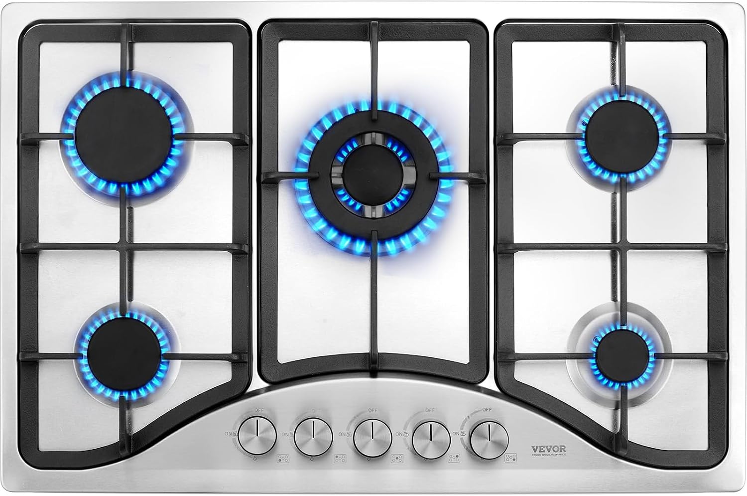 VEVOR 30-inch Gas Cooktop, 5 Burners Built-in Gas Stove Top, Max 12250BTU NG/LPG Convertible Stainless Steel Cooktops, with Thermocouple Protection for Camping, RV, Apartment