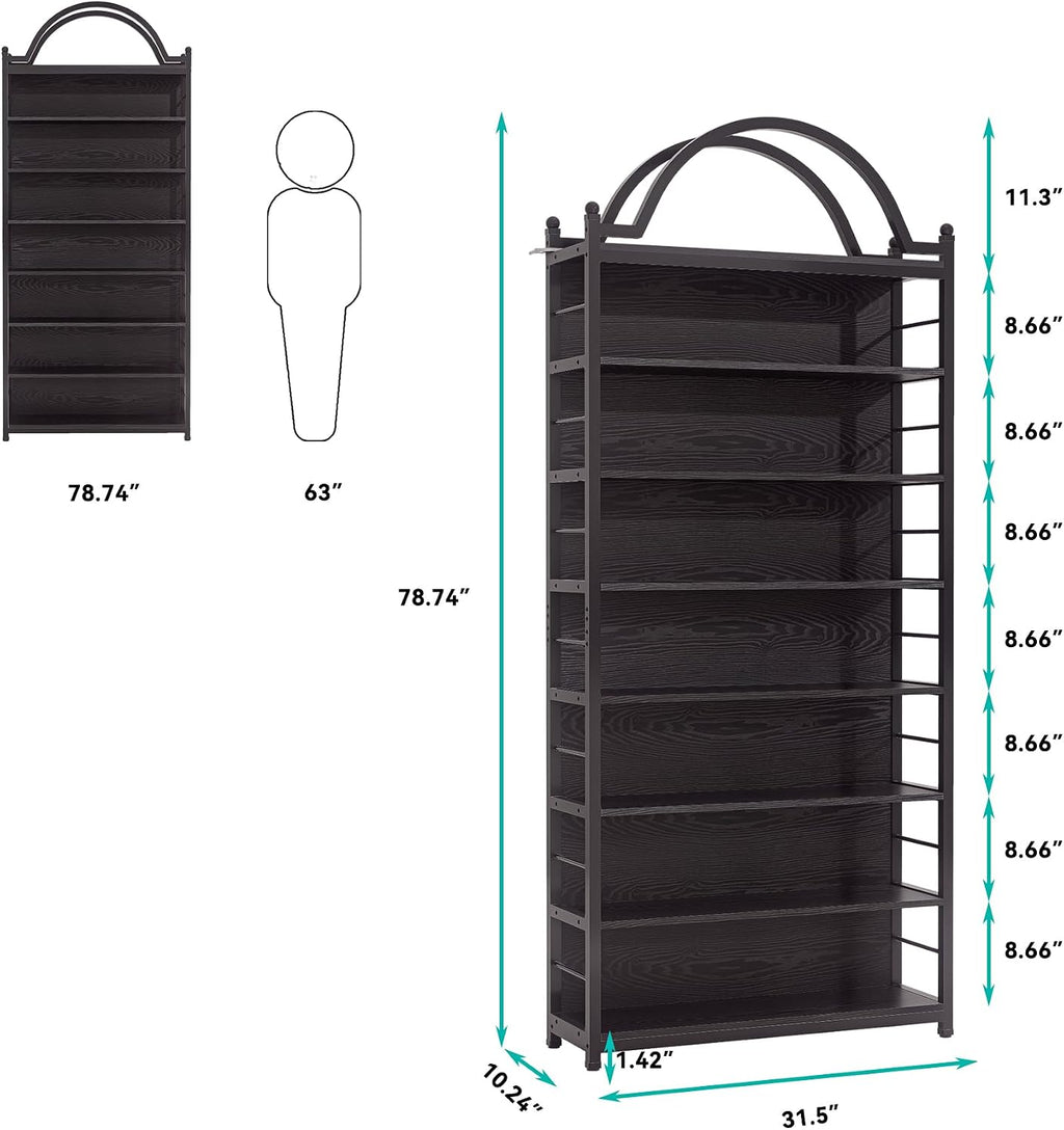78.7' 8-Tier Industrial CD Rack,DVD Media Storage Shelf,Metal Frame&MDF Bookshelves with Arched Top for Living Room, Bedroom or Home Office,Black