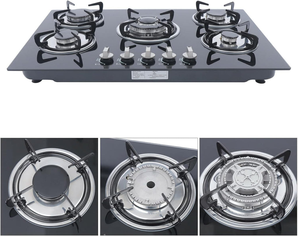 30' Gas Cooktop, Built-in 5 Burners Gas Stove Gas Hob Stovetop Thermocouple Protection Gas Range, Tempered Glass Cooktop Porcelain Ena Grates, Natural Gas LPG Gas Easy to Clean, 30.3'*20'
