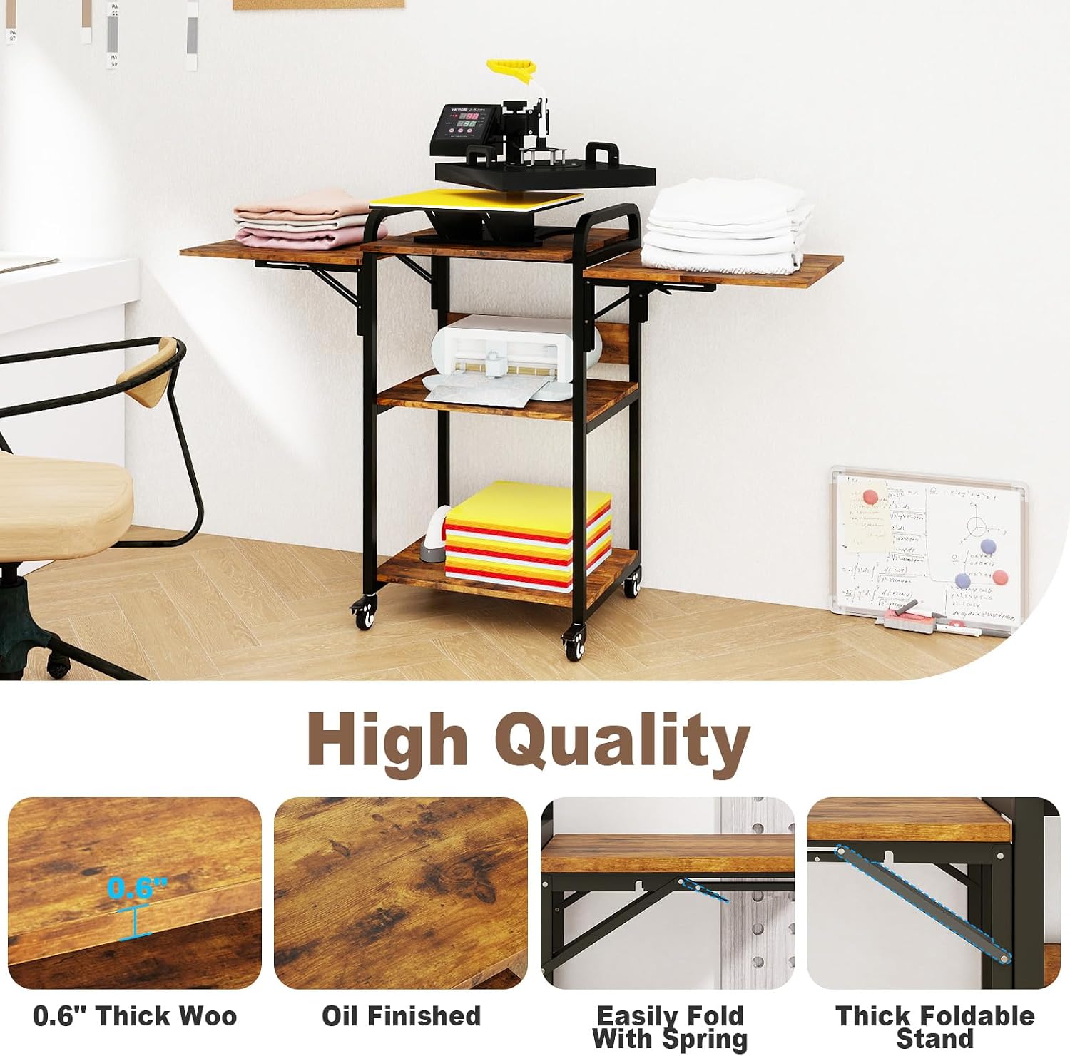 PUNCIA 3 Tier Movable Heat Press Table Foldable Heat Transfer Machine Stand Heavy Duty Rolling Workbench with Folding Table for DIY Sublimation Transfer Machine Metal Shelf Storage Organization