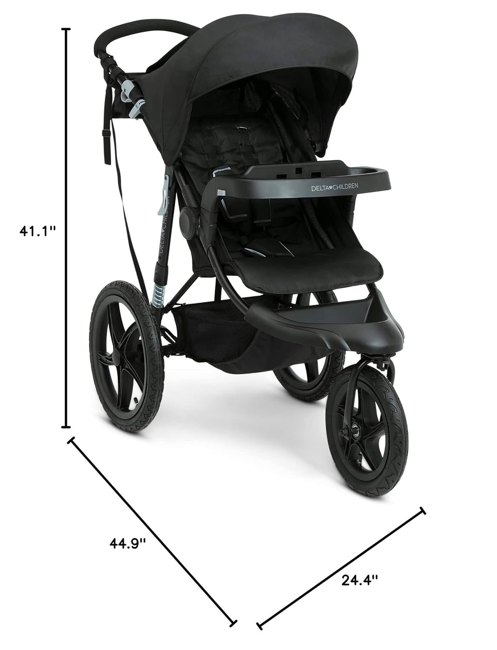 Delta Children Apollo Jogging Stroller - Shock Absorbing Frame with Large Canopy & Recline - Car Seat Compatible, Black