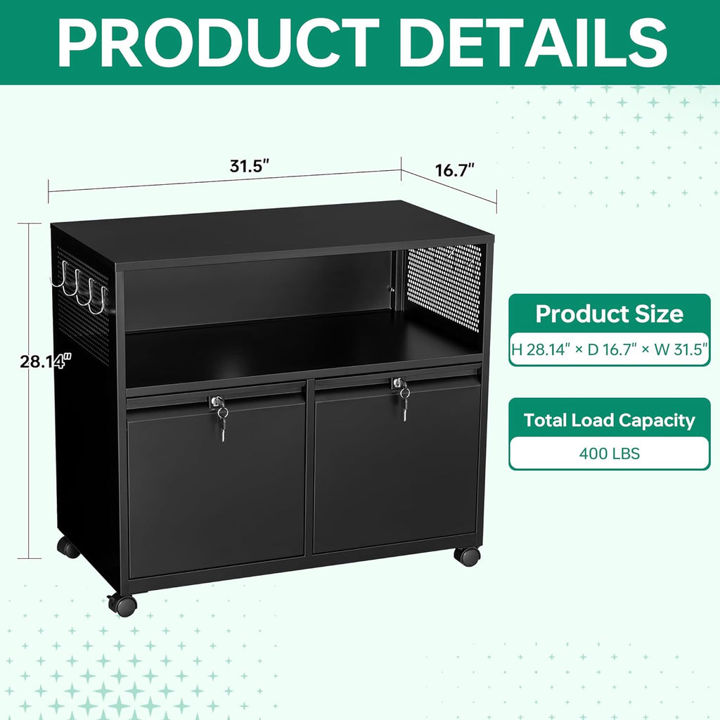 Letaya Mobile 2 Drawer File Cabinet with Lock, Metal Lateral Printer Stand Filing Storage Cabinets with Shelves for Home Office-A4/F4/Letter (Black)