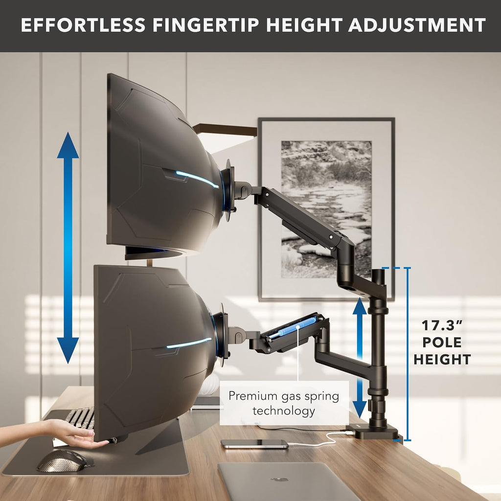Mount-It! Proflex Series Stacking Dual Ultrawide Monitor Arm for 17–49' Screens, Height-Adjustable Pole, Heavy Duty Gas Spring, USB-C & USB 3.0, Full Motion, VESA 75/100, Clamp or Grommet