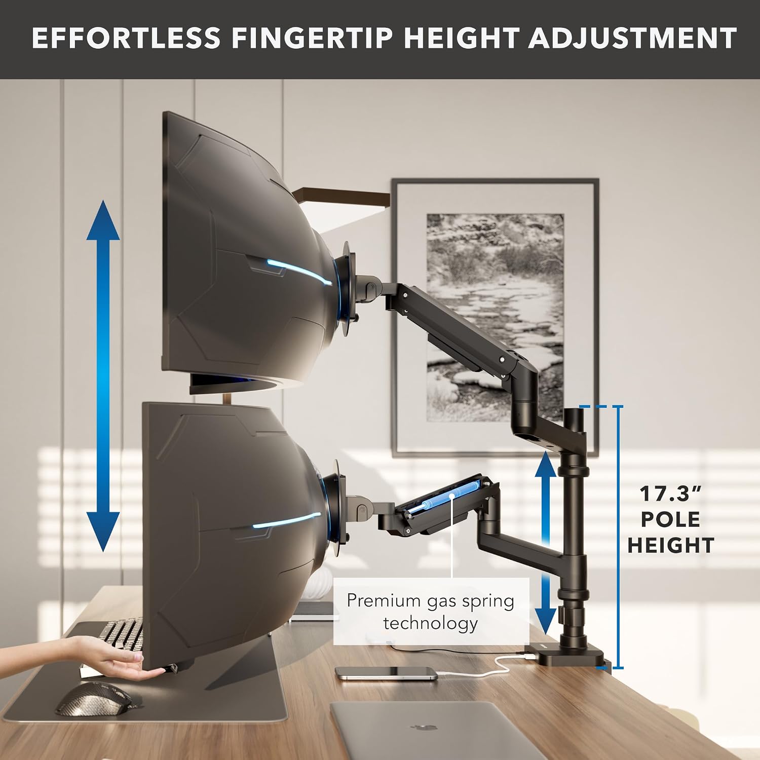 Mount-It! Proflex Series Stacking Dual Ultrawide Monitor Arm for 17–49' Screens, Height-Adjustable Pole, Heavy Duty Gas Spring, USB-C & USB 3.0, Full Motion, VESA 75/100, Clamp or Grommet
